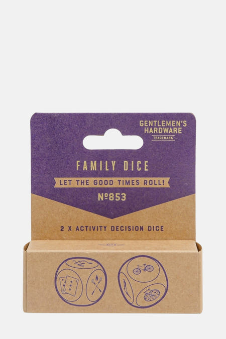 Des dés à plusieurs couleurs de Gentlemen's Hardware, avec des illustrations de différentes activités sur les dés.