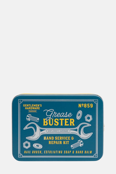 Multicolor geschenkset van Gentlemen's Hardware, met gereedschapsafbeeldingen en tekst in blauw en gele tinten.

