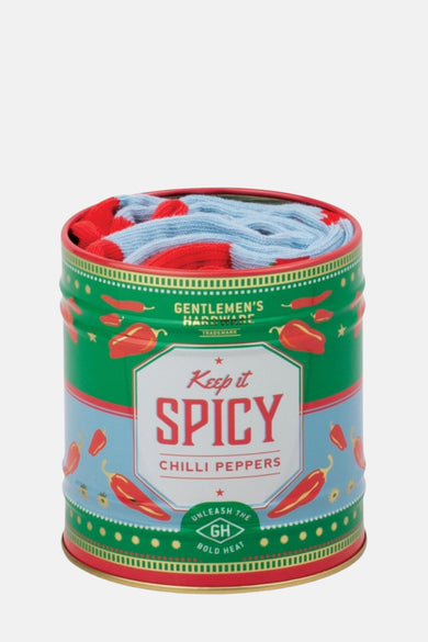 Multicolor sokkenmultipack van Gentlemen's Hardware in een decoratieve, ronde blikverpakking met een chilipeper-design.