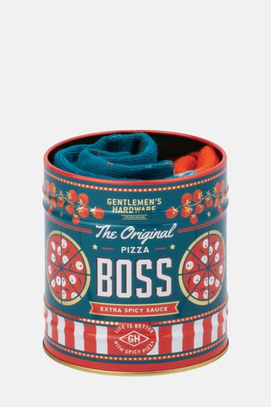 Multikleurige sokken van Gentlemen's Hardware in een decoratief blik met pizza-thema.
