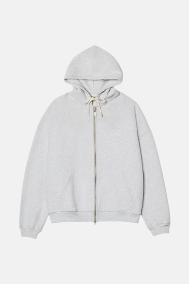 Grijs sweatergilet van POMPEII met capuchon, lange mouwen en ritssluiting aan de voorkant.