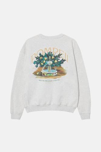 Gilet gris de POMPEII, avec une impression sur le dos d'une fontaine avec des fruits et le texte "QUAND LE TEMPS EST BON, IL TOMBERA."