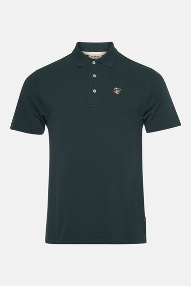 Groene polo met korte mouwen van POMPEII, met geborduurd logo op de borst en knoopsluiting.
