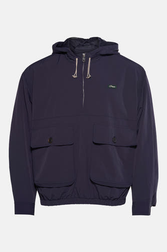 Manteau court bleu de POMPEII, avec capuche et longs manches, vu par derrière.