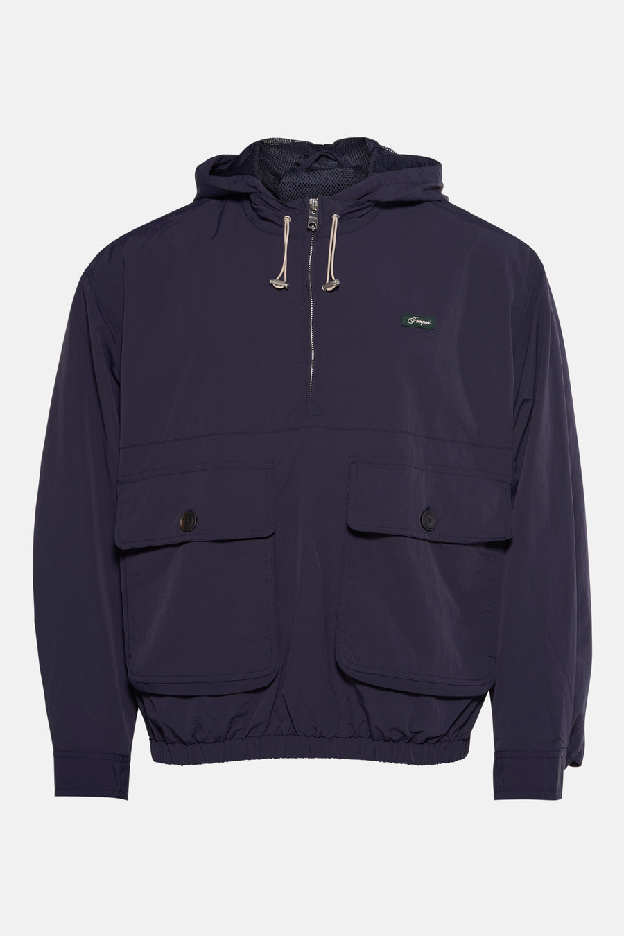 Donkerblauw windjack met capuchon en zakken.