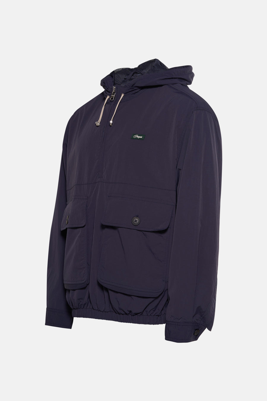 Donkerblauwe anorak met capuchon en zakken.