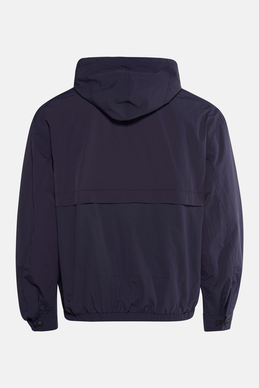 Donkerblauwe jas met capuchon.