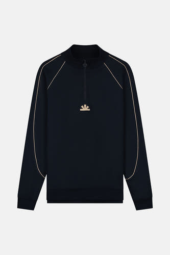 Blauwe sweater van BASELAB, met een korte ritssluiting en een beige logo op de borst.