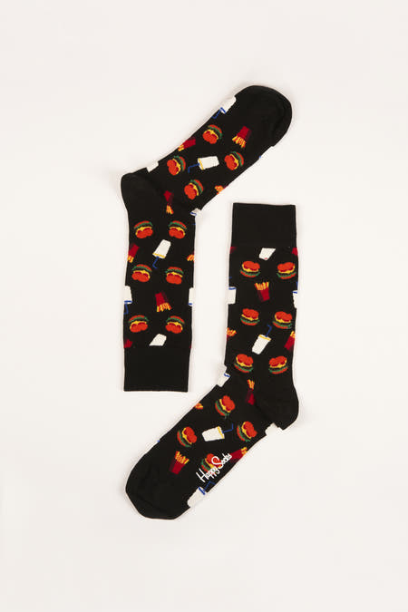 Chaussettes multicolores de Happy Socks avec un motif de hamburgers, frites et boissons.