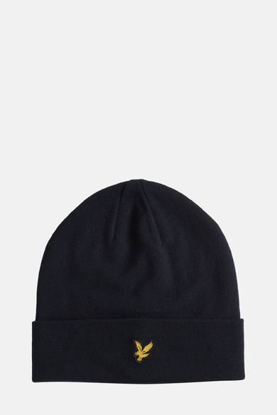 Blauwe muts van Lyle & Scott met een geborduurd logo.
