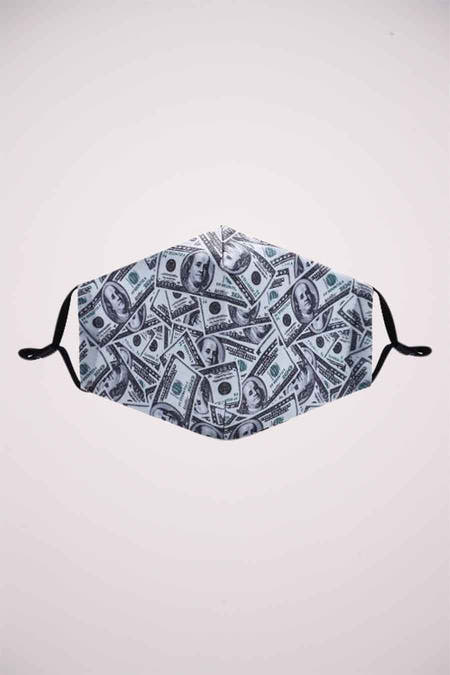 Grijs mondmasker van HAILYS met een all-over print van honderd dollar biljetten.