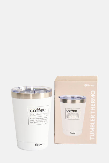 Thermos à café blanc de Fisura, avec la description textuelle du café et l'emballage du produit en arrière-plan.