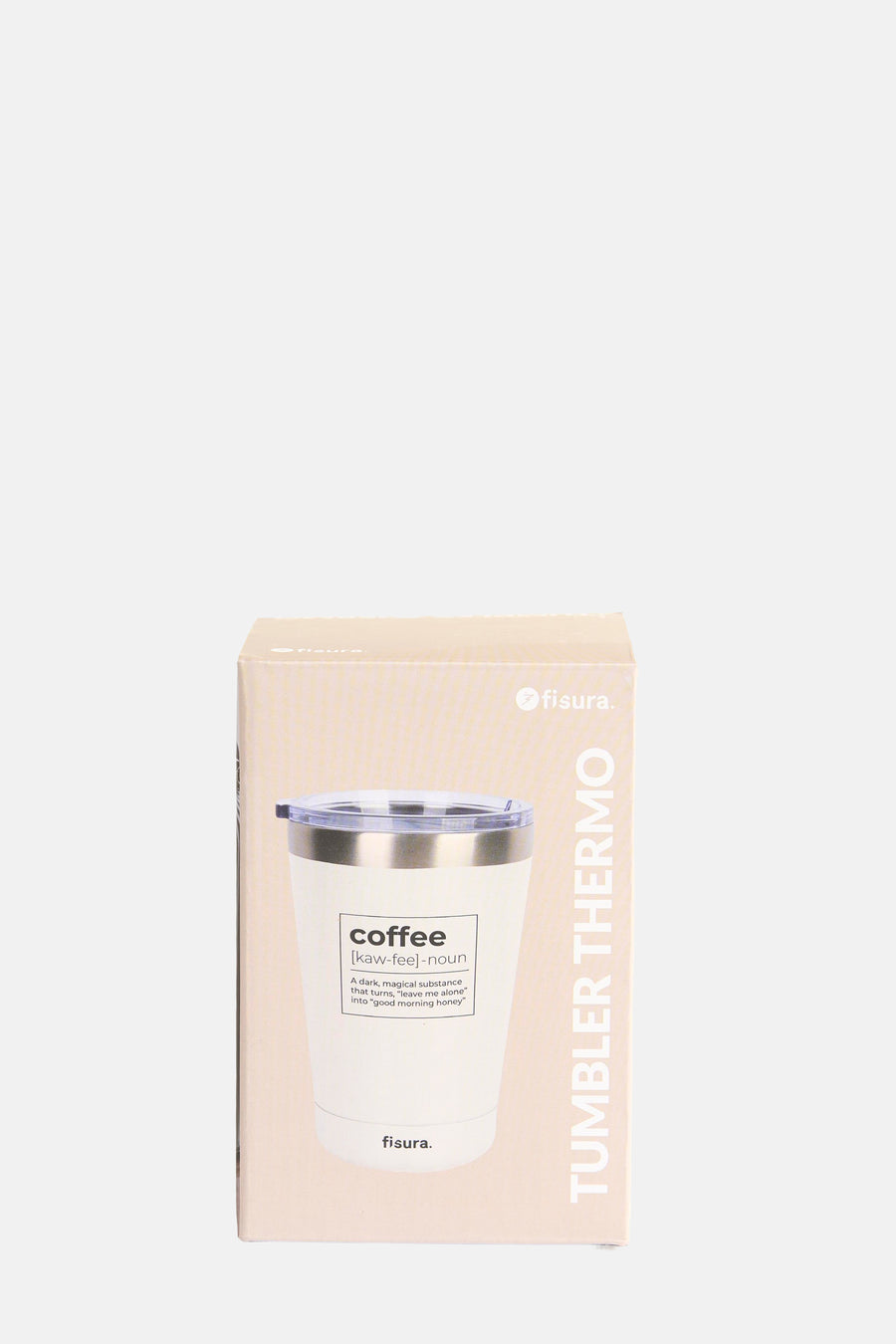 Doos met een thermosbeker met het woord "coffee" erop.