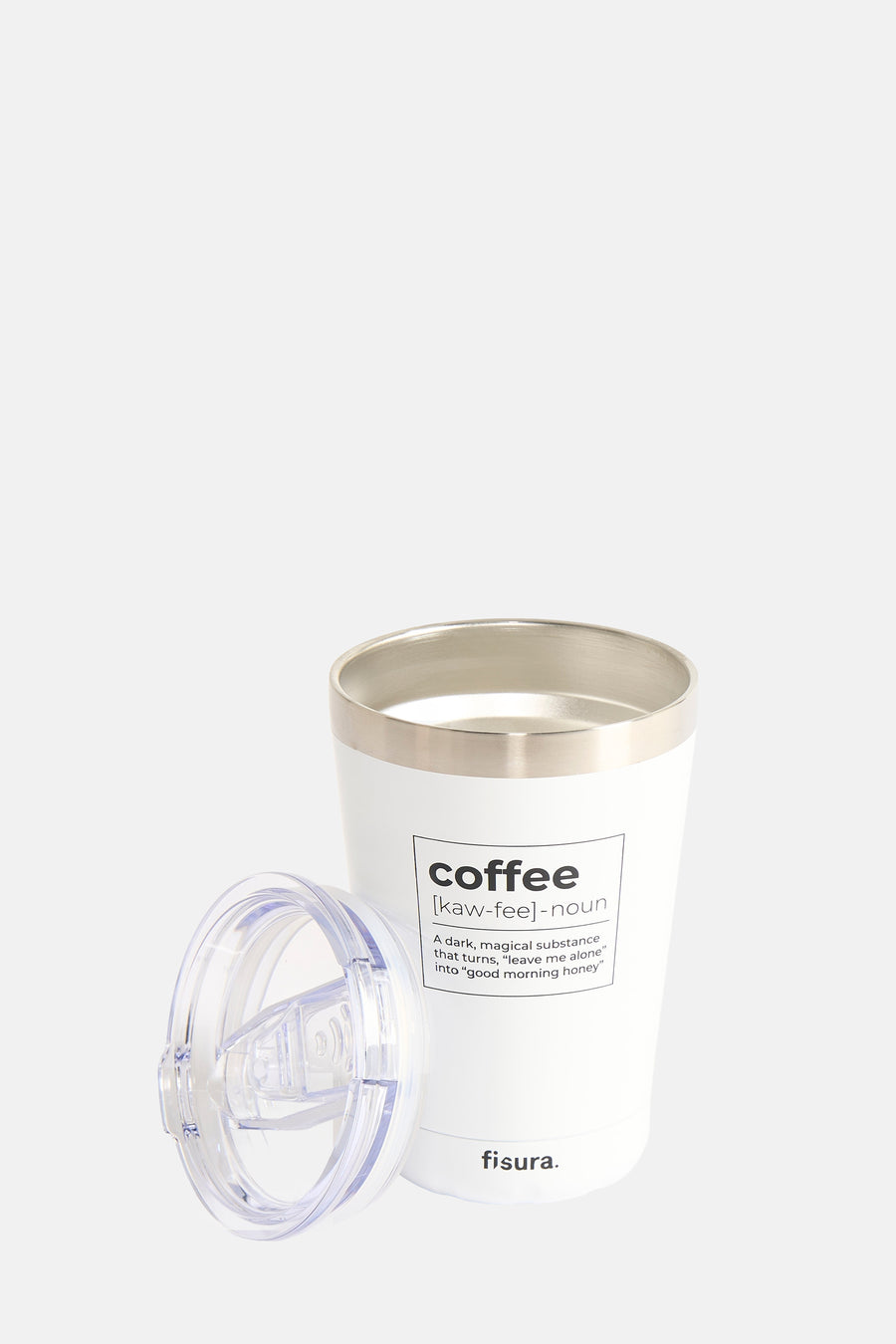 Witte koffiebeker met opschrift "coffee" en doorzichtige deksel, merk "fisura".