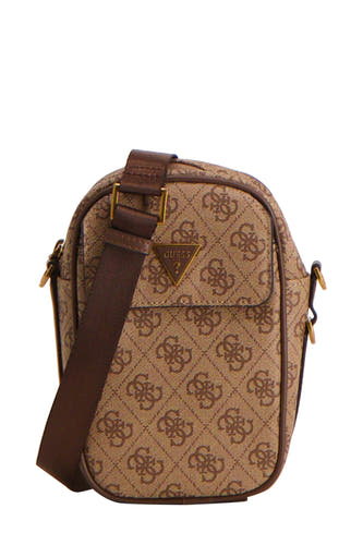 Bruine schoudertas van Guess met een logo-ruitpatroon en een donkerbruine schouderband.