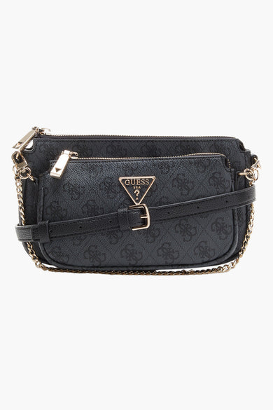 Zwarte schoudertas van Guess met all-over logo-print en gouden details.
