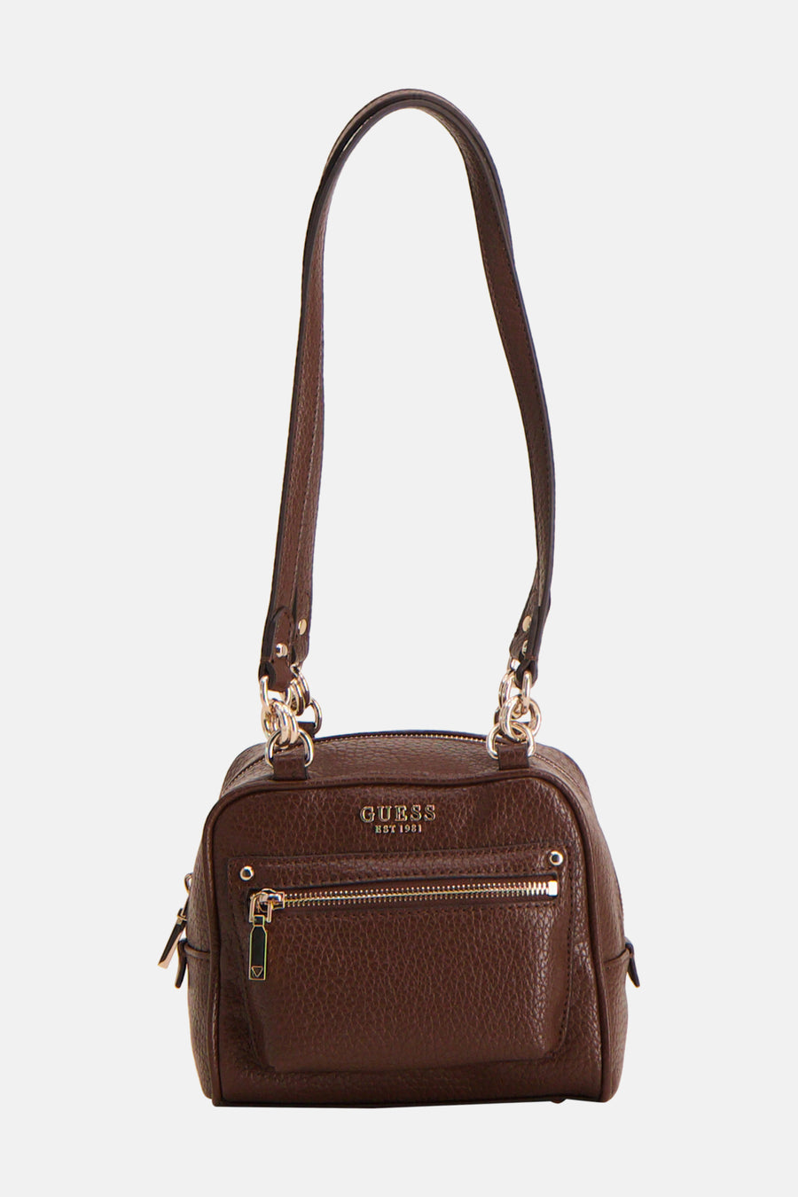 Bruine schoudertas van Guess met generfde textuur, goudkleurige ritsen, voorvak en het Guess-logo.