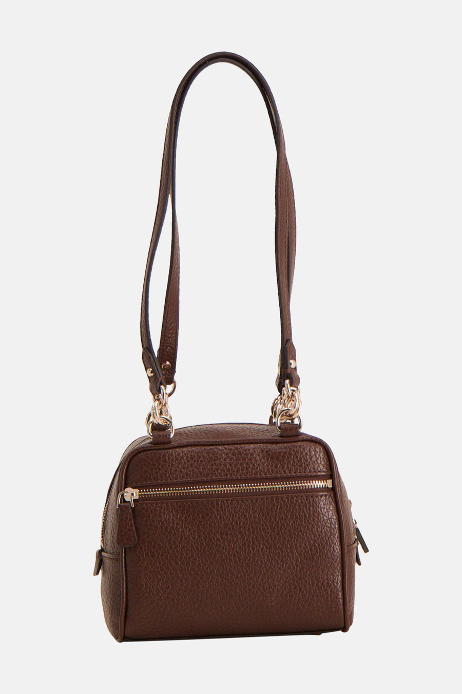 Bruine schoudertas van Guess met gestructureerd materiaal, gouden ritsen en lange hengsels.