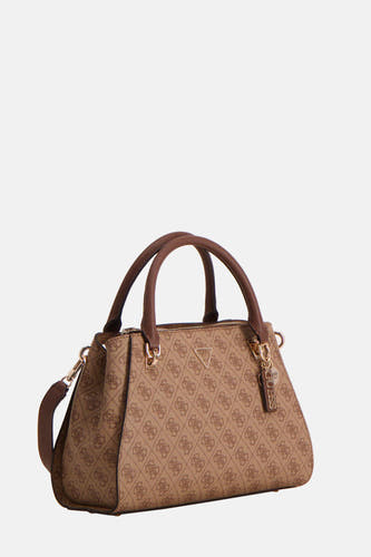 Bruine handtas van Guess met een all-over logoprint en bruine handvatten.
