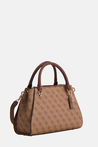 Bruine handtas van Guess met een all-over logoprint en bruine handvatten.
