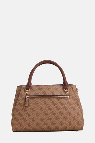 Bruine handtas van Guess met logoprint en ritssluiting aan de achterkant.
