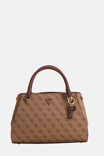 Bruine handtas van Guess met logo-print, bruine handvatten en merkbedel aan de rits.