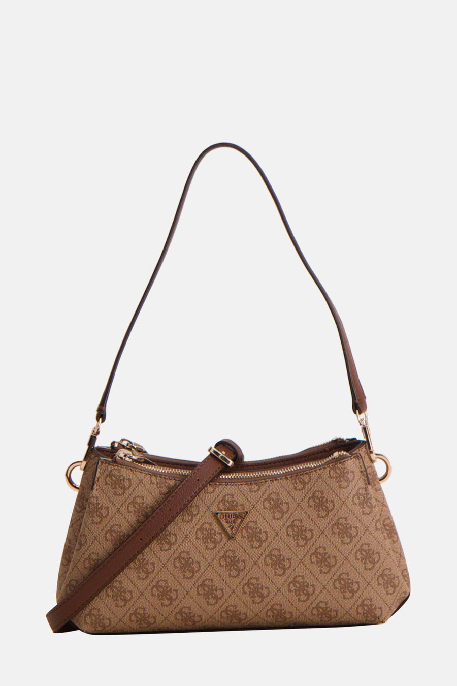Sac à dos brun de Guess avec un imprimé logo complet et des accessoires dorés.