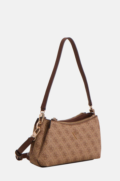Manteau de édos Guess brun avec imprimé monogramme et détails en cuir brun.
