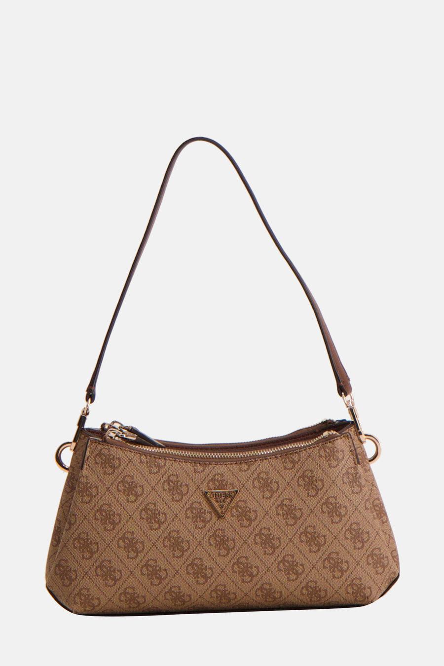 Sac à dos brun de Guess avec un imprimé logo complet et des détails dorés.