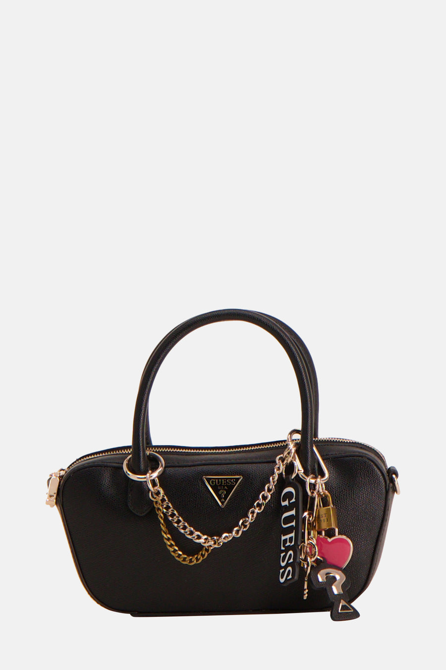 Zwarte handtas van Guess met zilverkleurige ketting en bedel met hart en vraagteken.
