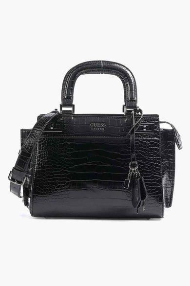 Sac à dos noir de Guess, avec une texture imprimée crocodile et un mousqueton décoratif.