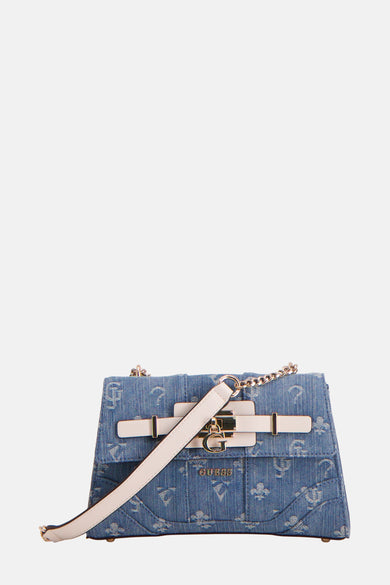 Sac à dos en denim bleu de Guess, avec imprimé logo sur toute la surface, détails dorés et accents blancs.