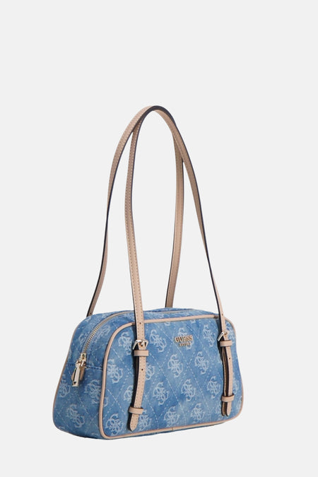 Blauw denim schoudertas van Guess met logo print en lichtbruine details.

