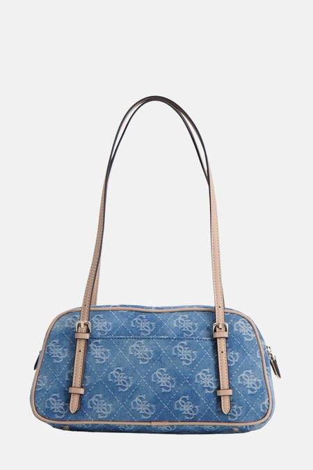 Sac à dos en denim bleu de Guess, avec motif logo répétitif et détails beige.