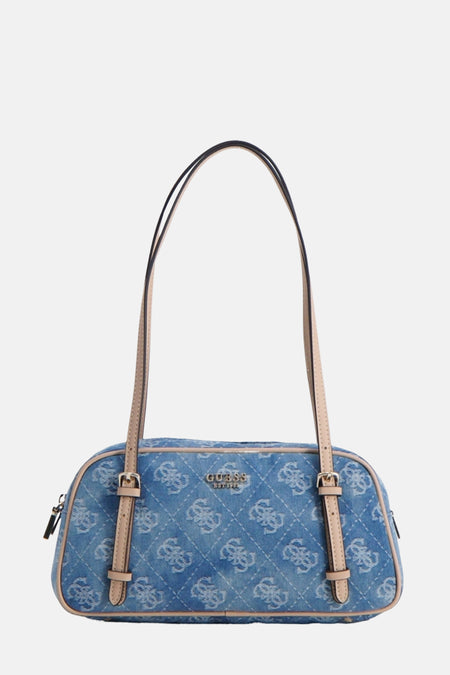 Blauwe denim schoudertas van Guess met monogrampatroon en beige accenten.