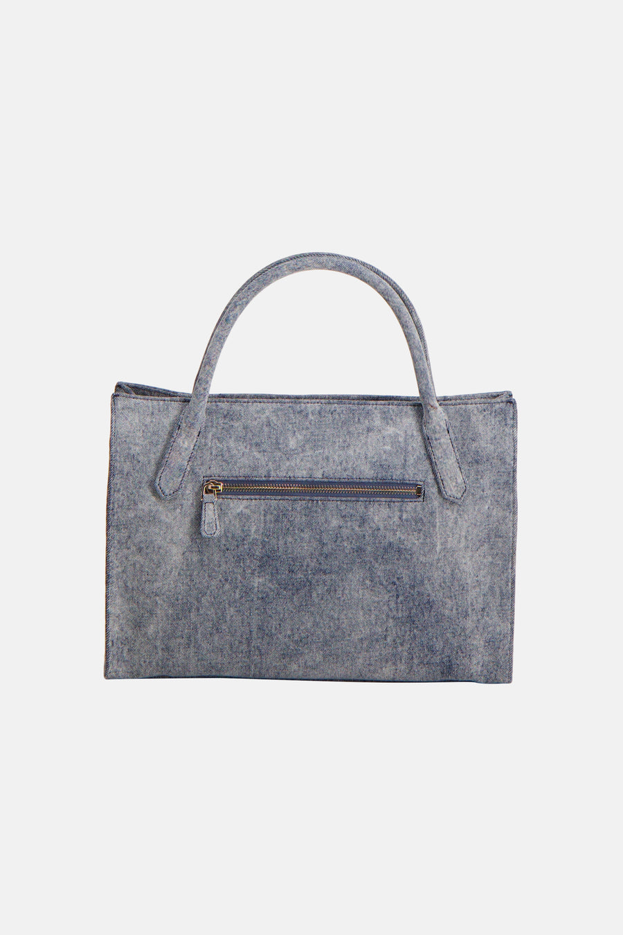 Blauwe handtas van Guess, met ritssluiting aan de achterkant en korte handvatten.