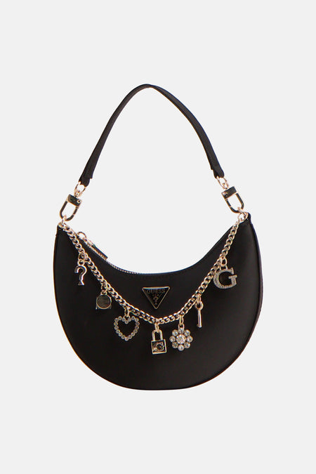 Zwarte schoudertas van Guess met goudkleurige ketting en diverse strass-bedels.