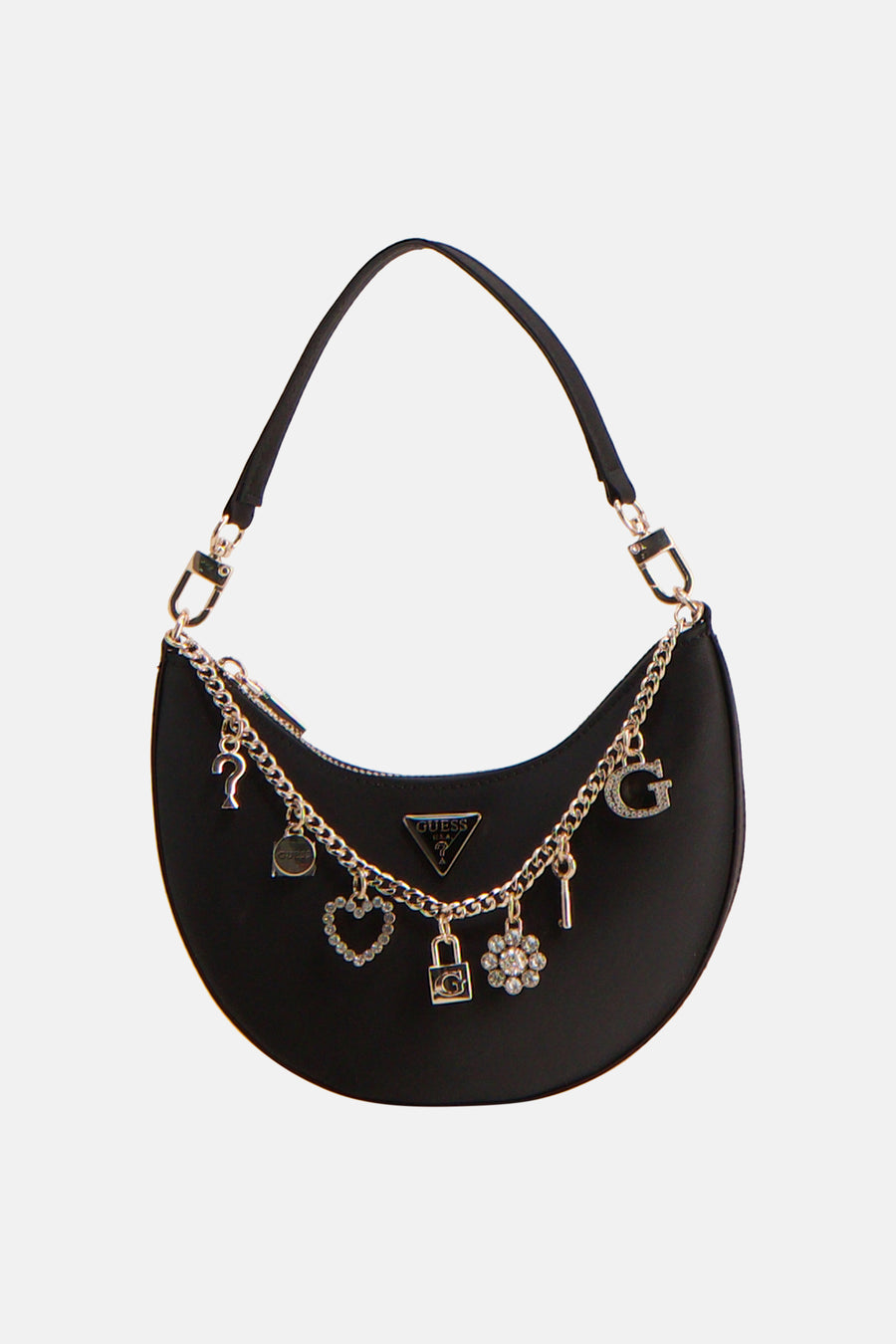 Zwarte schoudertas van Guess met goudkleurige ketting en diverse strass-bedels.