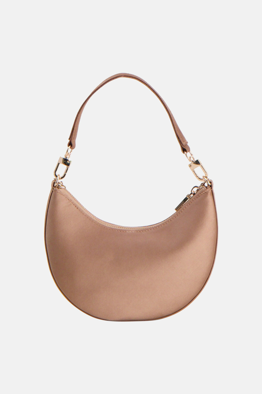 Beige schoudertas van Guess® met halvemaanvormig design, gouden hardware en een dunne schouderband.