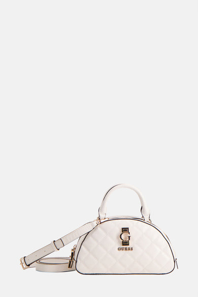 Witte schoudertas van Guess met ruitpatroon en goudkleurige details, inclusief afneembare schouderband.
