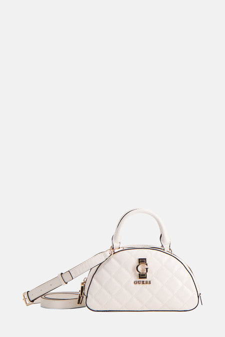 Witte schoudertas van Guess met ruitpatroon en goudkleurige details, inclusief afneembare schouderband.
