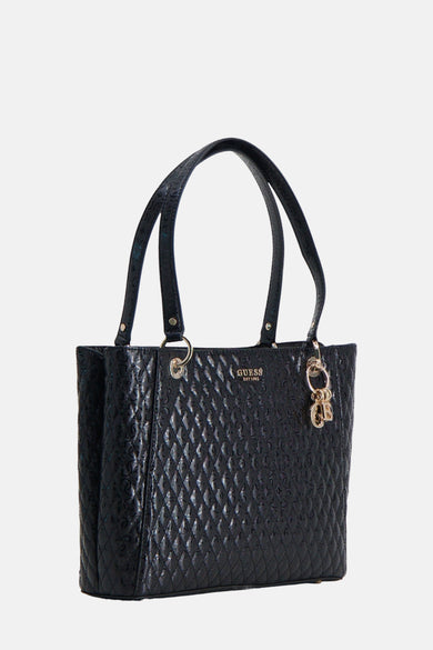 Zwarte schoudertas van Guess met een all-over logo en gouden details.

