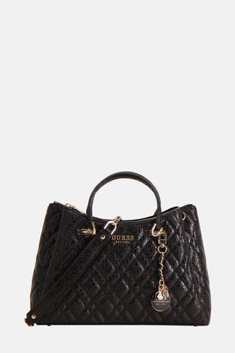 Sac à main noir de Guess avec un imprimé logo intégral et des détails dorés.