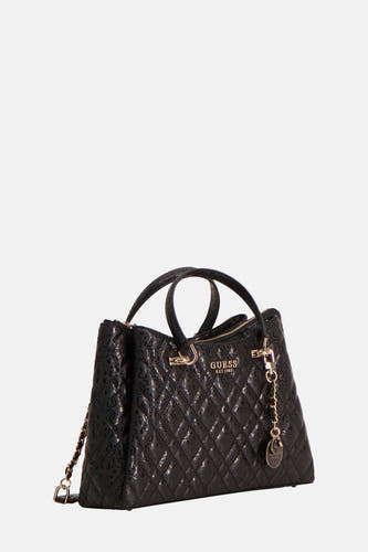Sac à main noir de Guess avec un motif de vitrail brodé et des accents dorés.