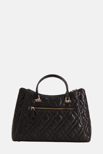 Zwarte handtas van Guess met een all-over logoprint en gouden details.
