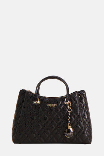 Sac à main noir de Guess avec un motif de vitrail brodé et un porte-sac rond avec logo.
