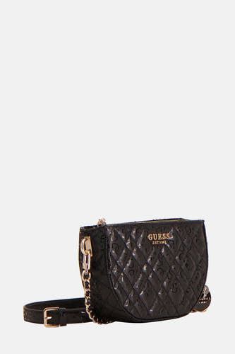 Sac à dos noir de Guess, avec un motif de lunettes intégré et des détails dorés.