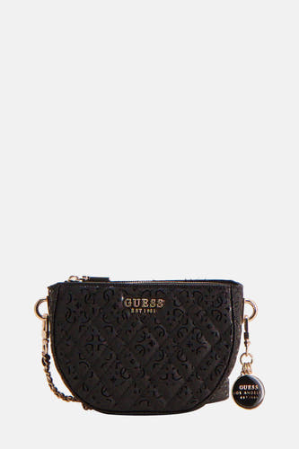 Sac à dos noir de Guess, avec un motif de lunettes imprimé et des détails dorés comme une chaîne et une boucle.