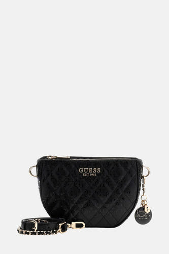 Sac à dos noir de Guess avec un motif en losange et des détails dorés.