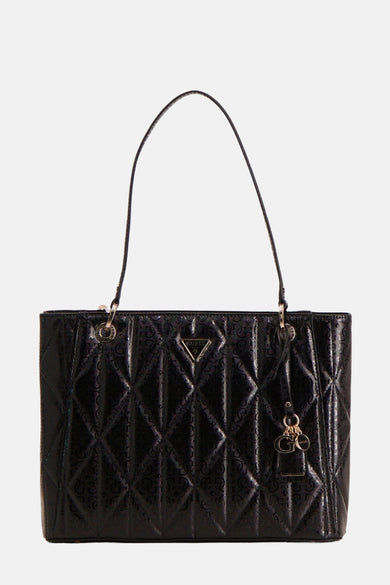 Zwarte schoudertas van Guess, met een ruitpatroon en decoratieve bedels.